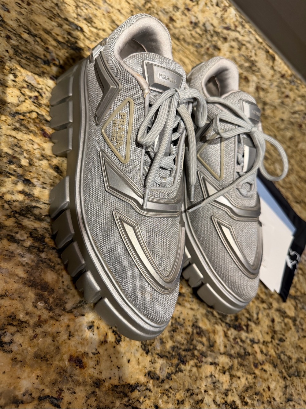 Prada Evolution Tech Women’s Chunky Lace-Up Sneakers in Light Gray and Silver - Picture 14 of 16